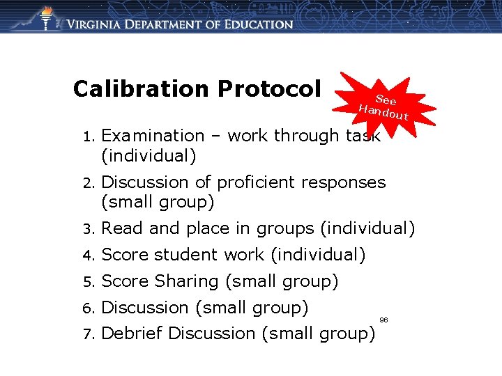 Calibration Protocol See Hand out 1. Examination – work through task (individual) 2. Discussion