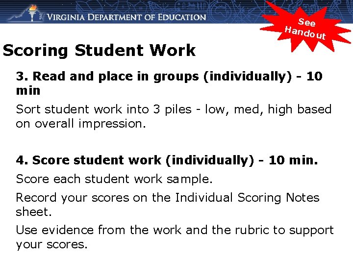 Scoring Student Work See Hand out 3. Read and place in groups (individually) -