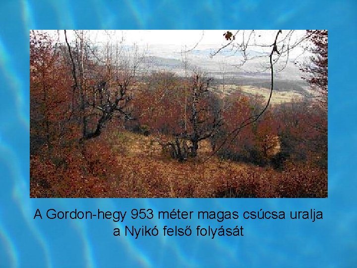 A Gordon hegy 953 méter magas csúcsa uralja a Nyikó felső folyását A Gordon hegy 953 méter magas csúcsa uralja a Nyikó felső folyását