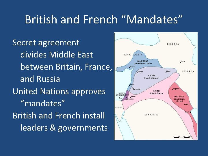 British and French “Mandates” Secret agreement divides Middle East between Britain, France, and Russia