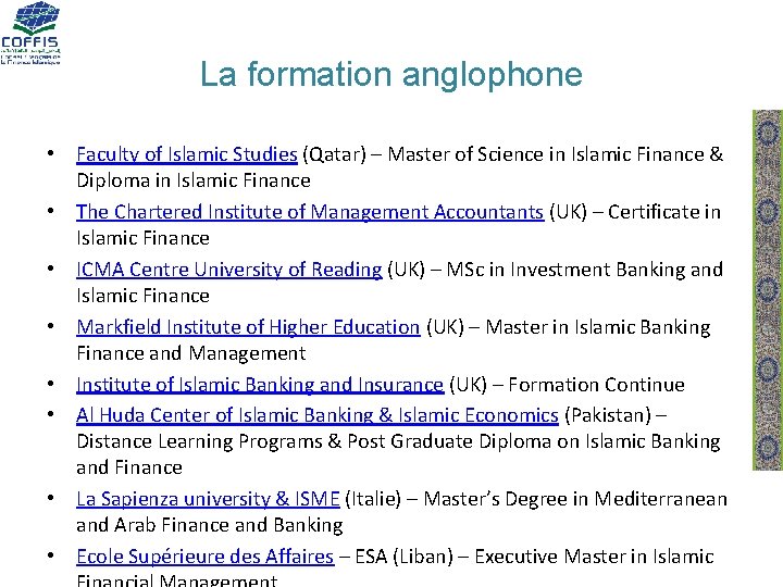 La formation anglophone • Faculty of Islamic Studies (Qatar) – Master of Science in
