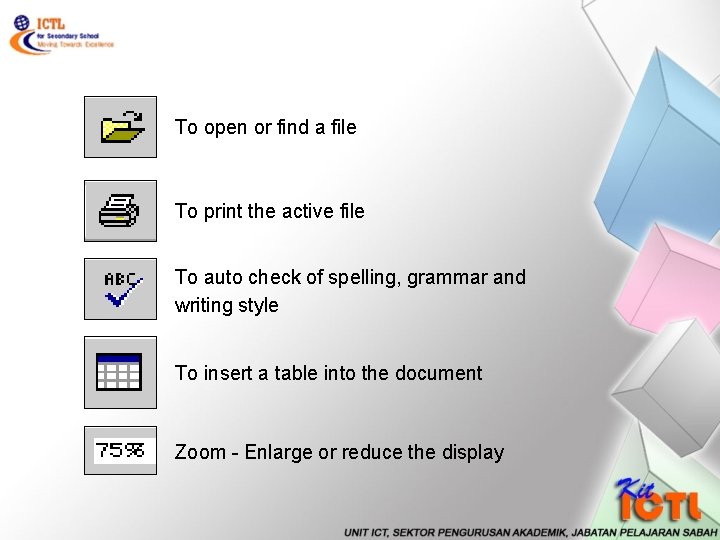 To open or find a file To print the active file To auto check