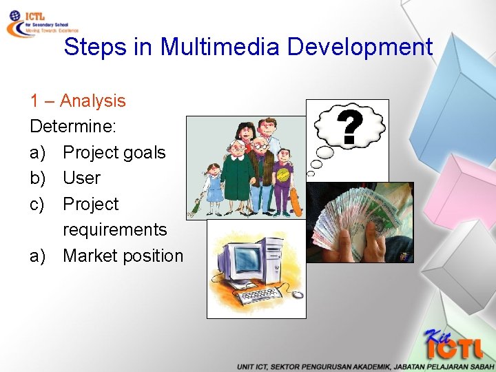 Steps in Multimedia Development 1 – Analysis Determine: a) Project goals b) User c)