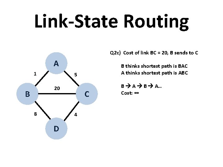 Link-State Routing Q 2 c) Cost of link BC = 20, B sends to Link-State Routing Q 2 c) Cost of link BC = 20, B sends to