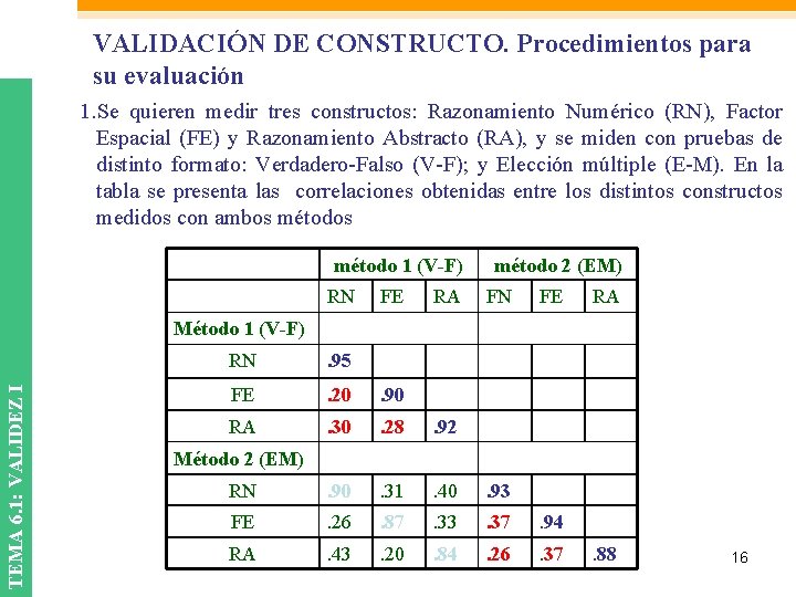 VALIDACIÓN DE CONSTRUCTO. Procedimientos para su evaluación 1. Se quieren medir tres constructos: Razonamiento