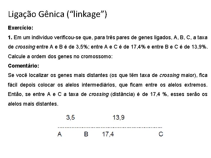Ligação Gênica (“linkage”) Exercício: 1. Em um indivíduo verificou-se que, para três pares de