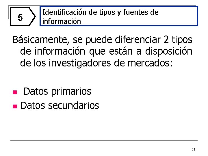 5 Identificación de tipos y fuentes de información Básicamente, se puede diferenciar 2 tipos