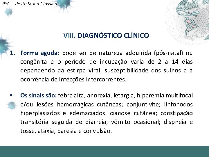 PSC – Peste Suína Clássica VIII. DIAGNÓSTICO CLÍNICO 1. Forma aguda: pode ser de