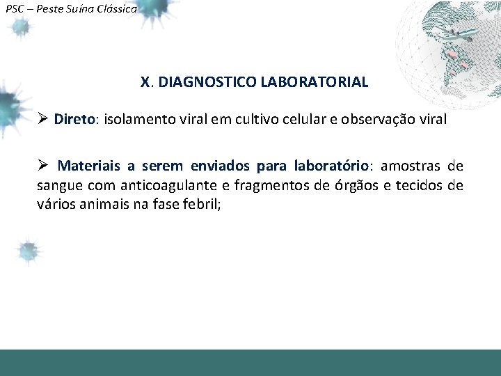 PSC – Peste Suína Clássica X. DIAGNOSTICO LABORATORIAL Ø Direto: isolamento viral em cultivo