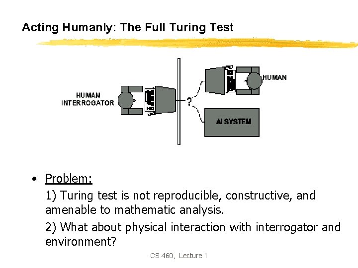 Acting Humanly: The Full Turing Test • Problem: 1) Turing test is not reproducible, Acting Humanly: The Full Turing Test • Problem: 1) Turing test is not reproducible,