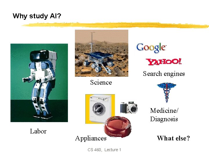 Why study AI? Search engines Science Medicine/ Diagnosis Labor Appliances CS 460, Lecture 1 Why study AI? Search engines Science Medicine/ Diagnosis Labor Appliances CS 460, Lecture 1