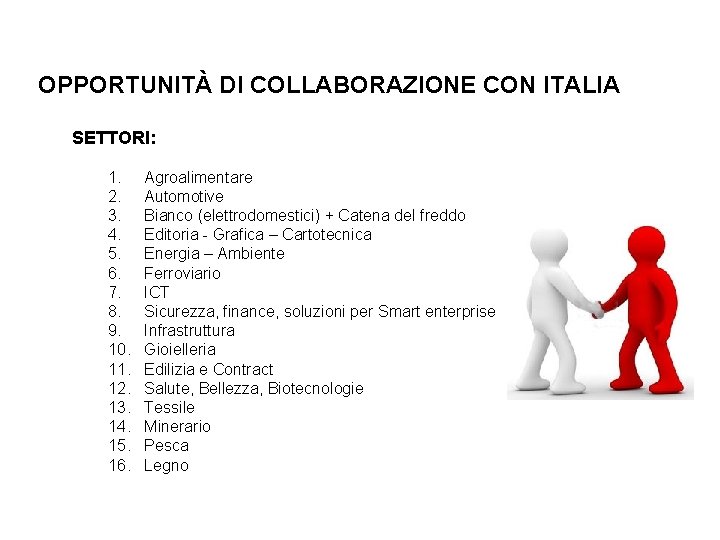 OPPORTUNITÀ DI COLLABORAZIONE CON ITALIA SETTORI: 1. 2. 3. 4. 5. 6. 7. 8.