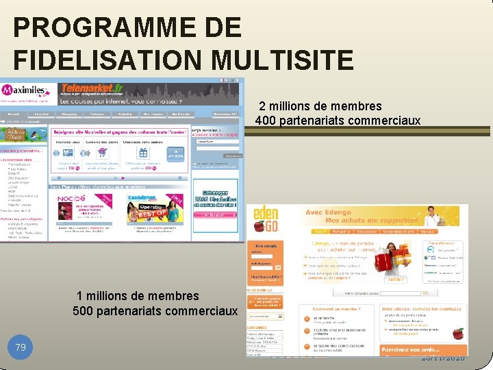 PROGRAMME DE FIDELISATION MULTISITE 2 millions de membres 400 partenariats commerciaux 1 millions de