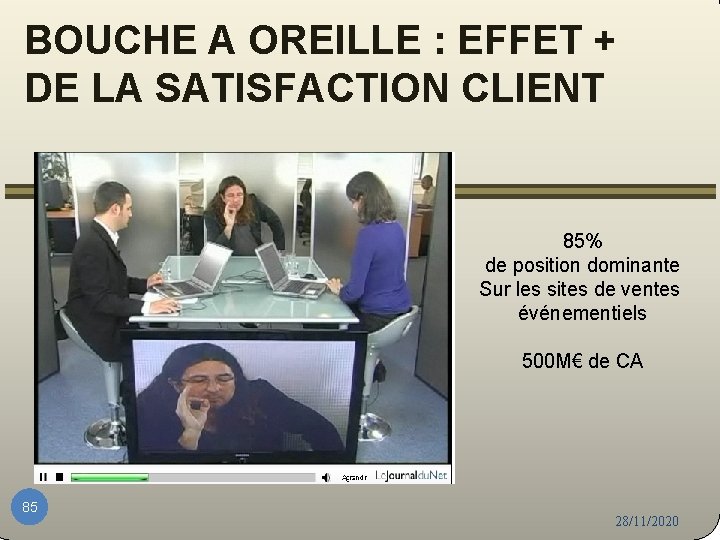 BOUCHE A OREILLE : EFFET + DE LA SATISFACTION CLIENT 85% de position dominante