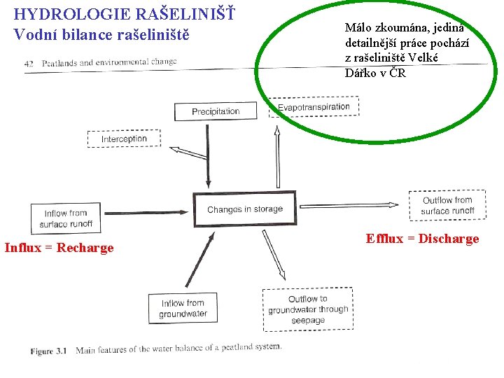 HYDROLOGIE RAŠELINIŠŤ Vodní bilance rašeliniště Influx = Recharge Málo zkoumána, jediná detailnější práce pochází