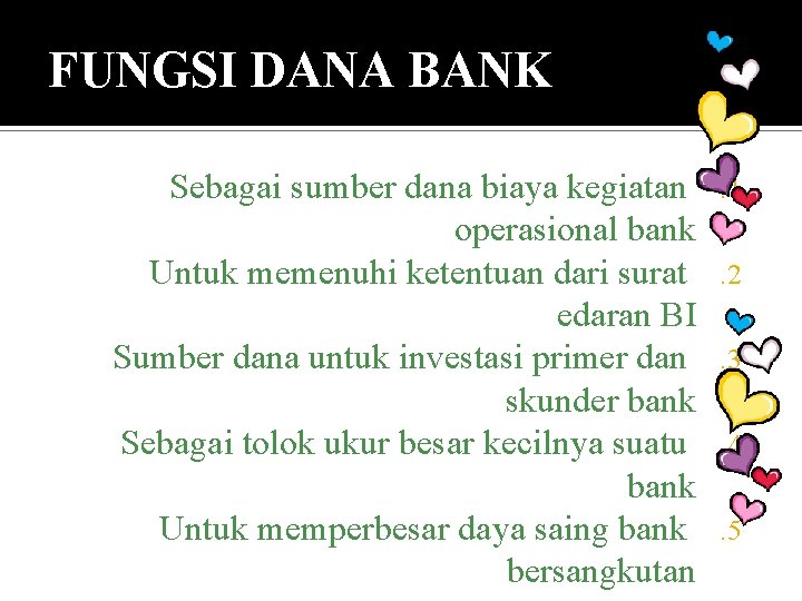 FUNGSI DANA BANK Sebagai sumber dana biaya kegiatan operasional bank Untuk memenuhi ketentuan dari