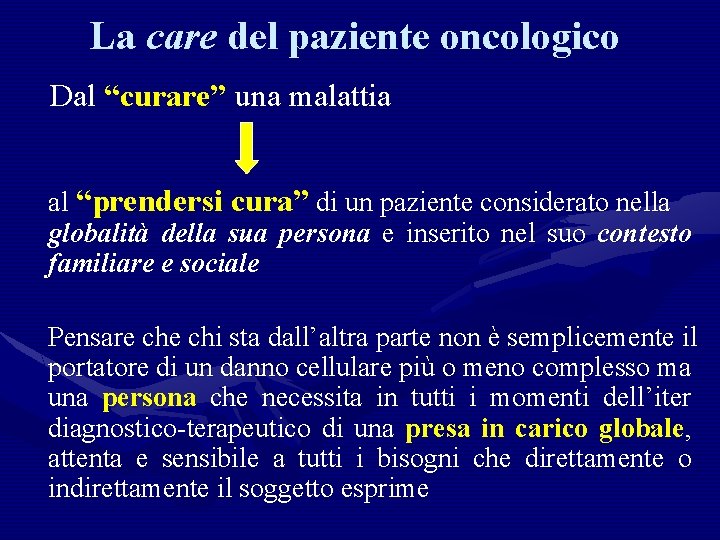 La care del paziente oncologico Dal “curare” una malattia al “prendersi cura” di un
