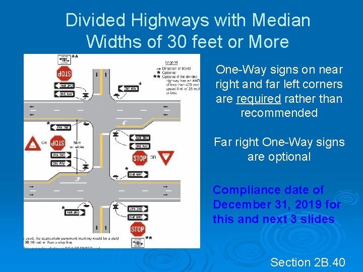 Divided Highways with Median Widths of 30 feet or More One-Way signs on near Divided Highways with Median Widths of 30 feet or More One-Way signs on near