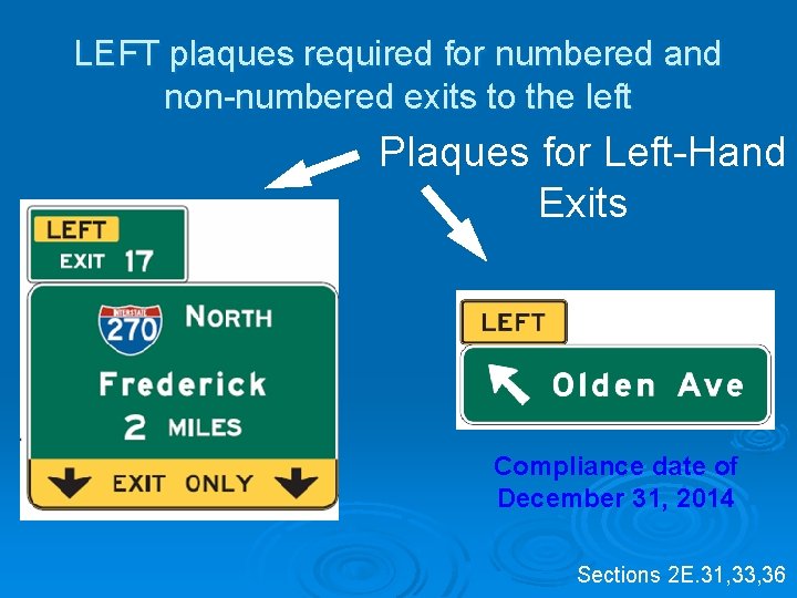 LEFT plaques required for numbered and non-numbered exits to the left Plaques for Left-Hand LEFT plaques required for numbered and non-numbered exits to the left Plaques for Left-Hand