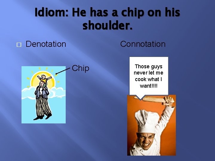 Idiom: He has a chip on his shoulder. � Denotation Connotation Chip Those guys