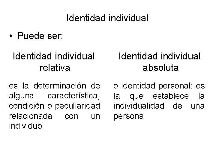 Identidad individual • Puede ser: Identidad individual relativa Identidad individual absoluta es la determinación