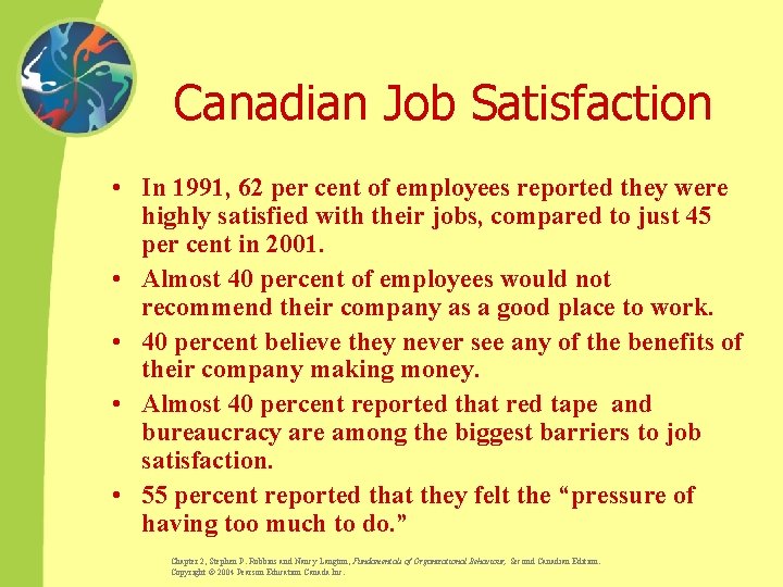 Canadian Job Satisfaction • In 1991, 62 per cent of employees reported they were