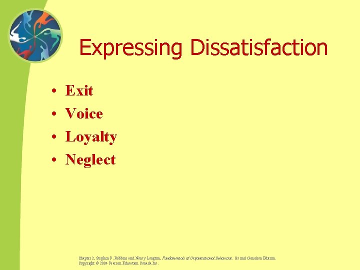 Expressing Dissatisfaction • • Exit Voice Loyalty Neglect Chapter 2, Stephen P. Robbins and