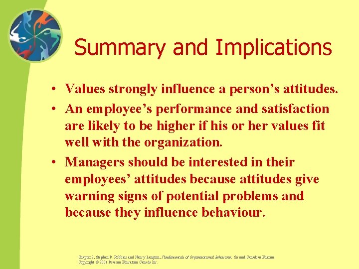 Summary and Implications • Values strongly influence a person’s attitudes. • An employee’s performance