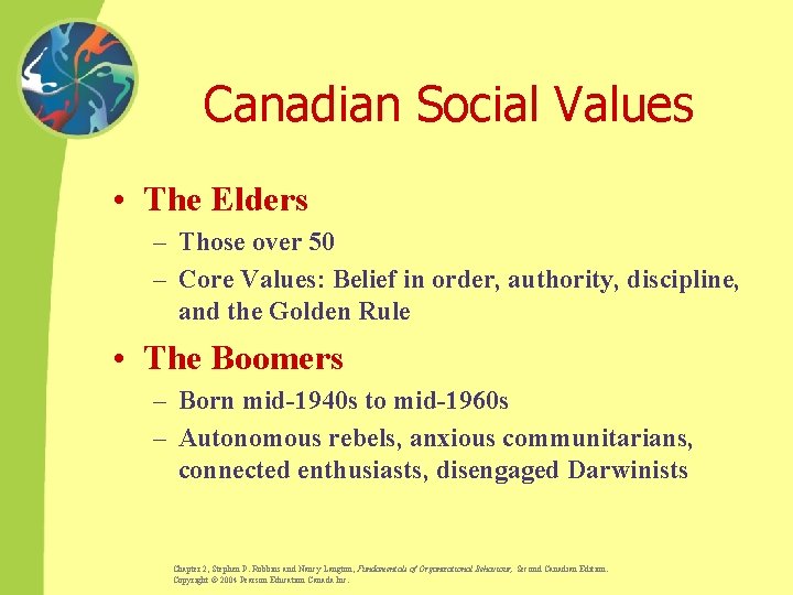 Canadian Social Values • The Elders – Those over 50 – Core Values: Belief