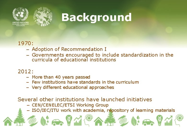 Background 1970: – Adoption of Recommendation I – Governments encouraged to include standardization in