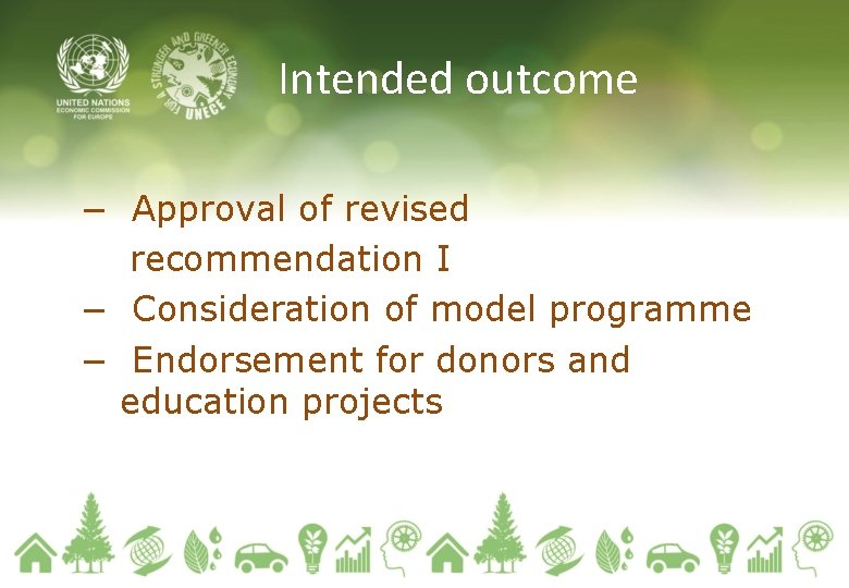 Intended outcome − Approval of revised recommendation I − Consideration of model programme −