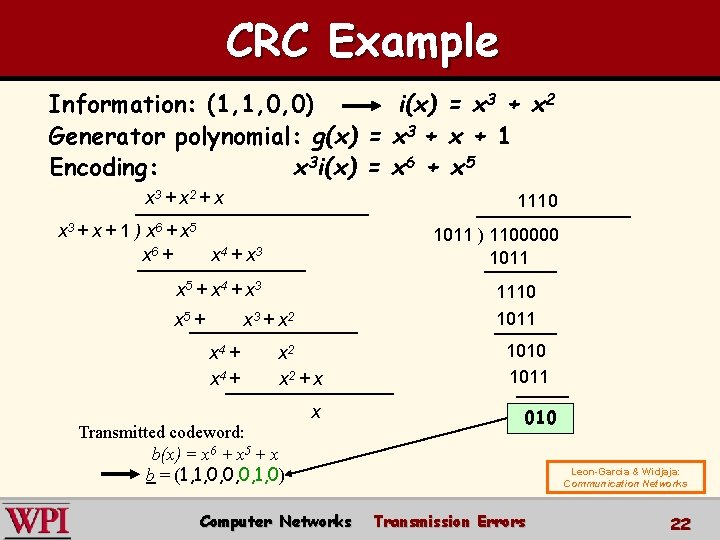 CRC Example Information: (1, 1, 0, 0) Generator polynomial: g(x) Encoding: x 3 i(x)