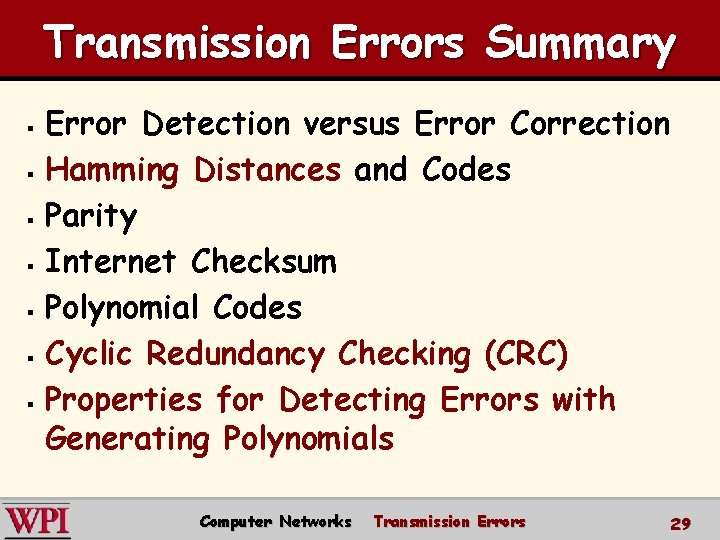 Transmission Errors Summary Error Detection versus Error Correction § Hamming Distances and Codes §