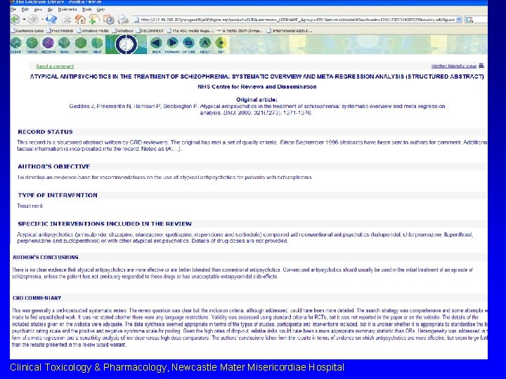 Clinical Toxicology & Pharmacology, Newcastle Mater Misericordiae Hospital 