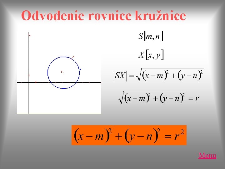 Odvodenie rovnice kružnice Menu Odvodenie rovnice kružnice Menu