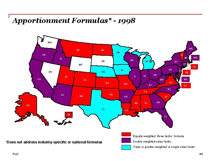 Apportionment Formulas* - 1998 WA MT ME ND MN OR VT ID NH WI