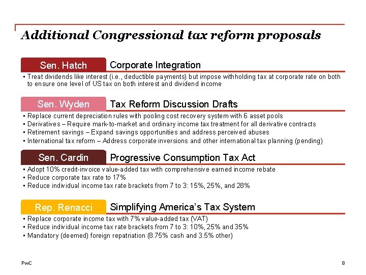 Additional Congressional tax reform proposals Sen. Hatch Corporate Integration • Treat dividends like interest
