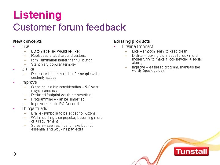 Listening Customer forum feedback New concepts • Like – – • Dislike – •