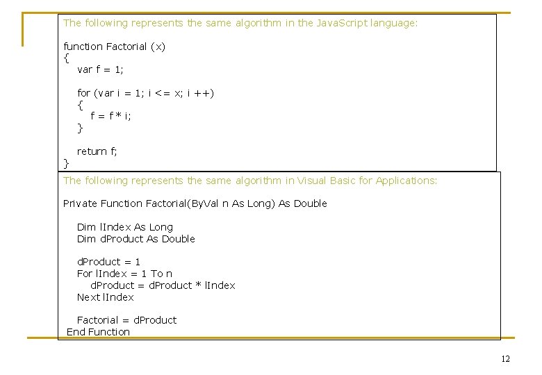 The following represents the same algorithm in the Java. Script language: function Factorial (x)