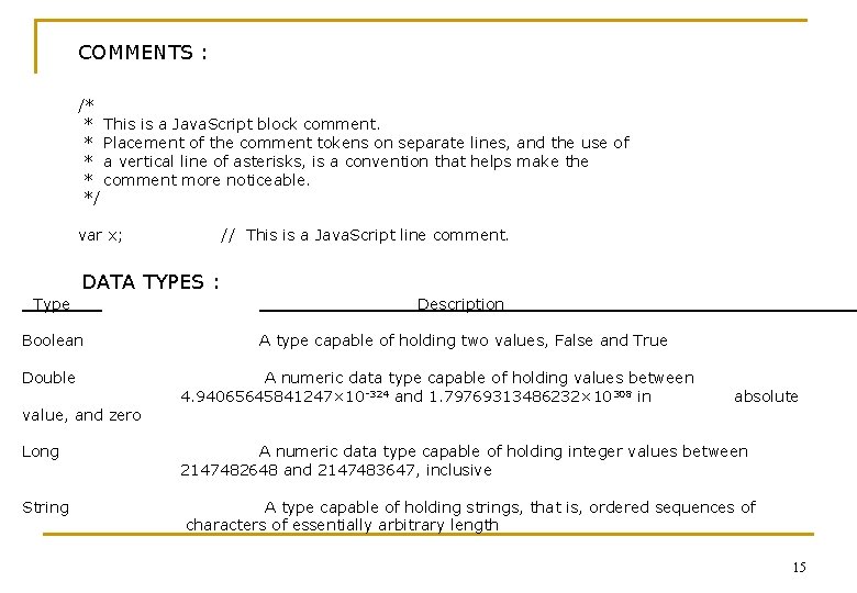 COMMENTS : /* * This is a Java. Script block comment. * Placement of