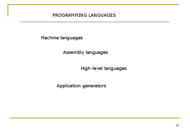 PROGRAMMING LANGUAGES Machine languages Assembly languages High-level languages Application generators 19 