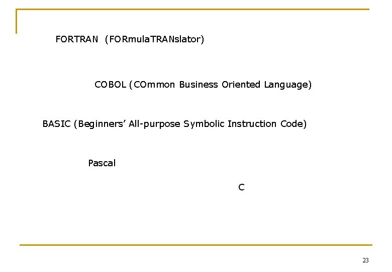 FORTRAN (FORmula. TRANslator) COBOL (COmmon Business Oriented Language) BASIC (Beginners’ All-purpose Symbolic Instruction Code)