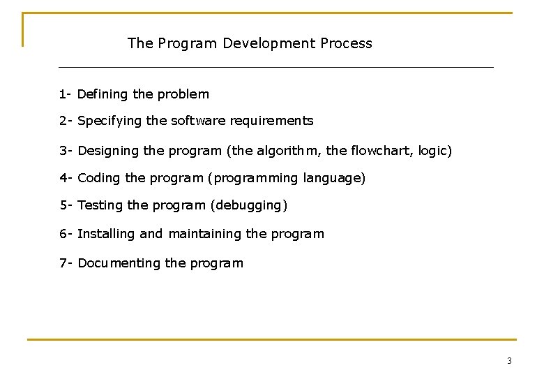 The Program Development Process 1 - Defining the problem 2 - Specifying the software