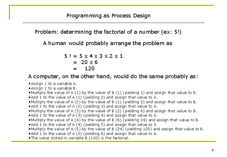 Programming as Process Design Problem: determining the factorial of a number (ex: 5!) A
