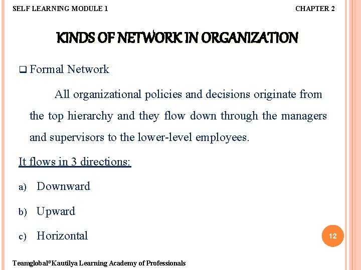 SELF LEARNING MODULE 1 CHAPTER 2 KINDS OF NETWORK IN ORGANIZATION q Formal Network