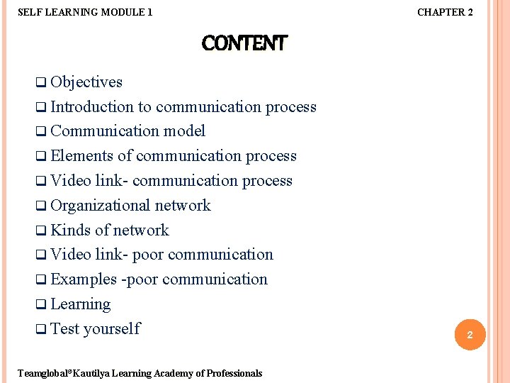 SELF LEARNING MODULE 1 CHAPTER 2 CONTENT q Objectives q Introduction to communication process