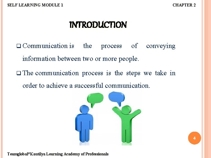 SELF LEARNING MODULE 1 CHAPTER 2 INTRODUCTION q Communication is the process of conveying