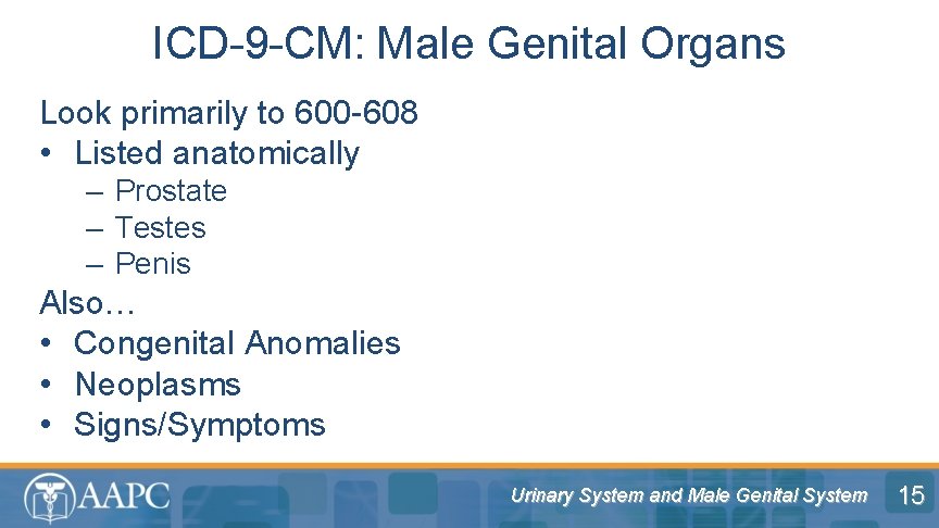 ICD-9 -CM: Male Genital Organs Look primarily to 600 -608 • Listed anatomically –