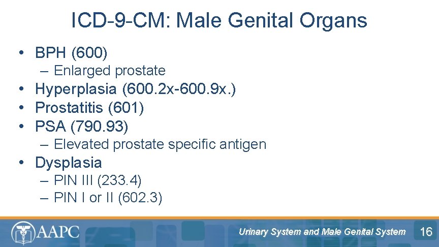 ICD-9 -CM: Male Genital Organs • BPH (600) – Enlarged prostate • Hyperplasia (600.