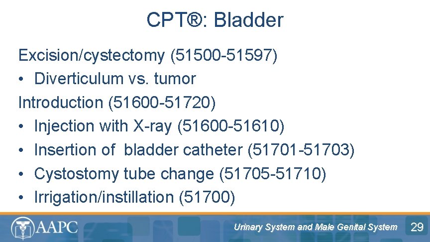 CPT®: Bladder Excision/cystectomy (51500 -51597) • Diverticulum vs. tumor Introduction (51600 -51720) • Injection